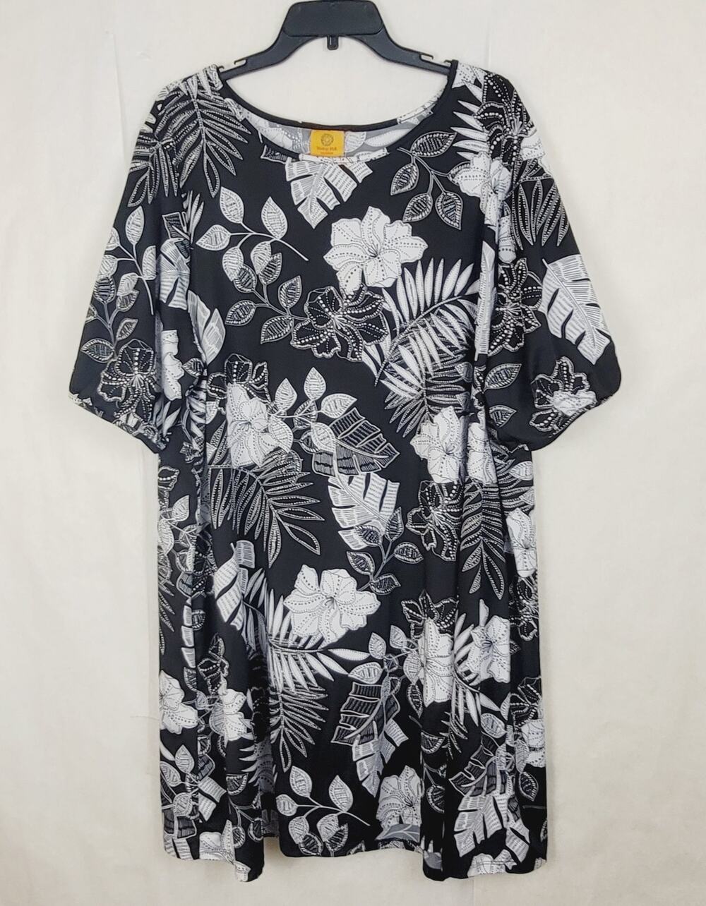 Ruby Rd black and white floral liquid knit dress Size 3X Tropical Feminine